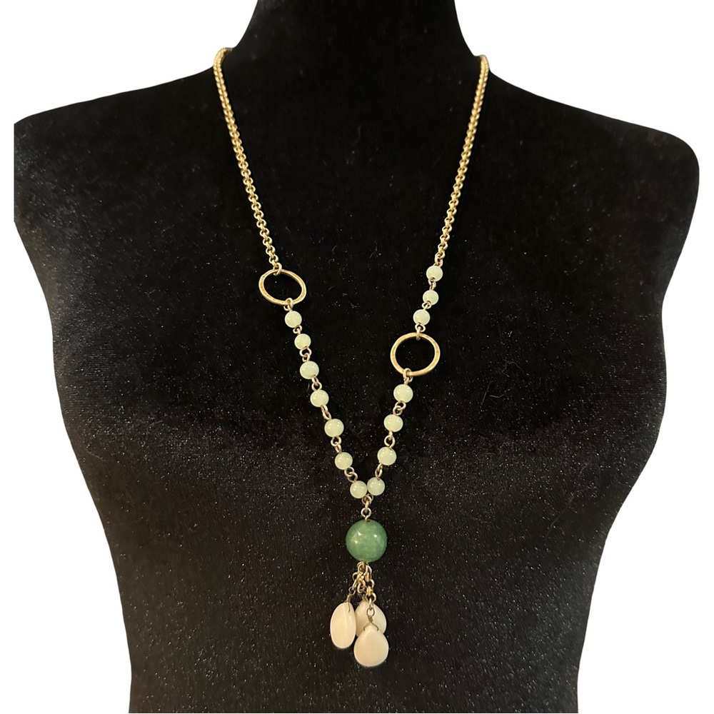 AEO American Eagle Necklace Gold Tone Green Beaded White Tassel 30 Inch Length